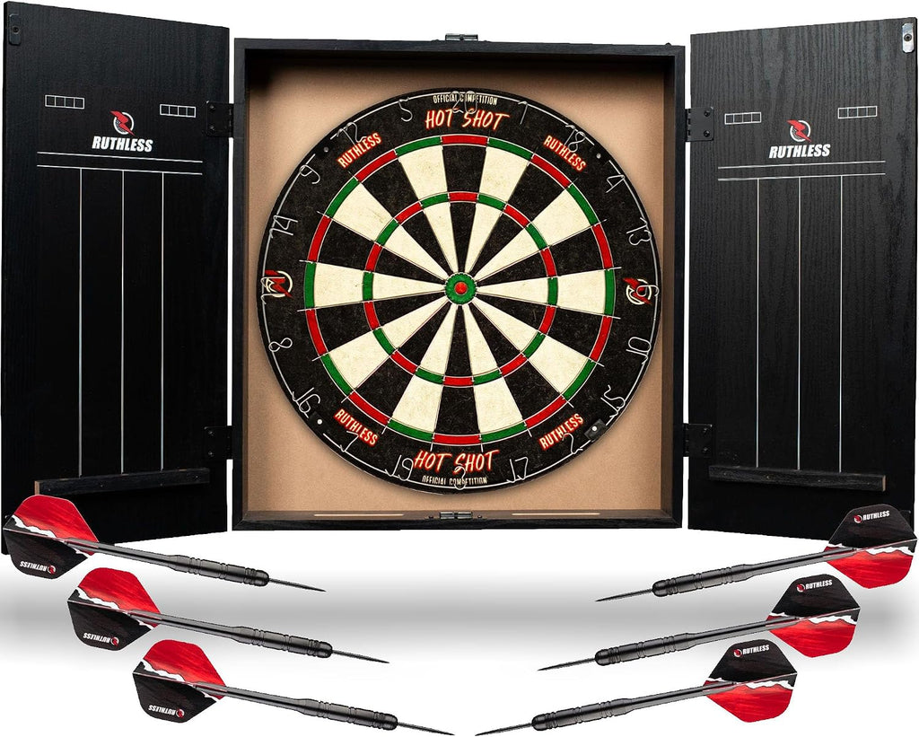 Ultimate Home Darts Centre with LED Lighting Option - Complete Set Including Cabinet, Dartboard, and 2 Sets of Darts