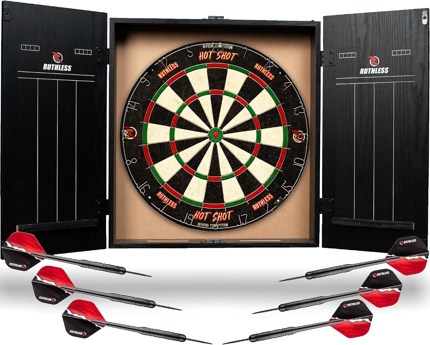 Ultimate Home Darts Centre with LED Lighting Option - Complete Set Including Cabinet, Dartboard, and 2 Sets of Darts