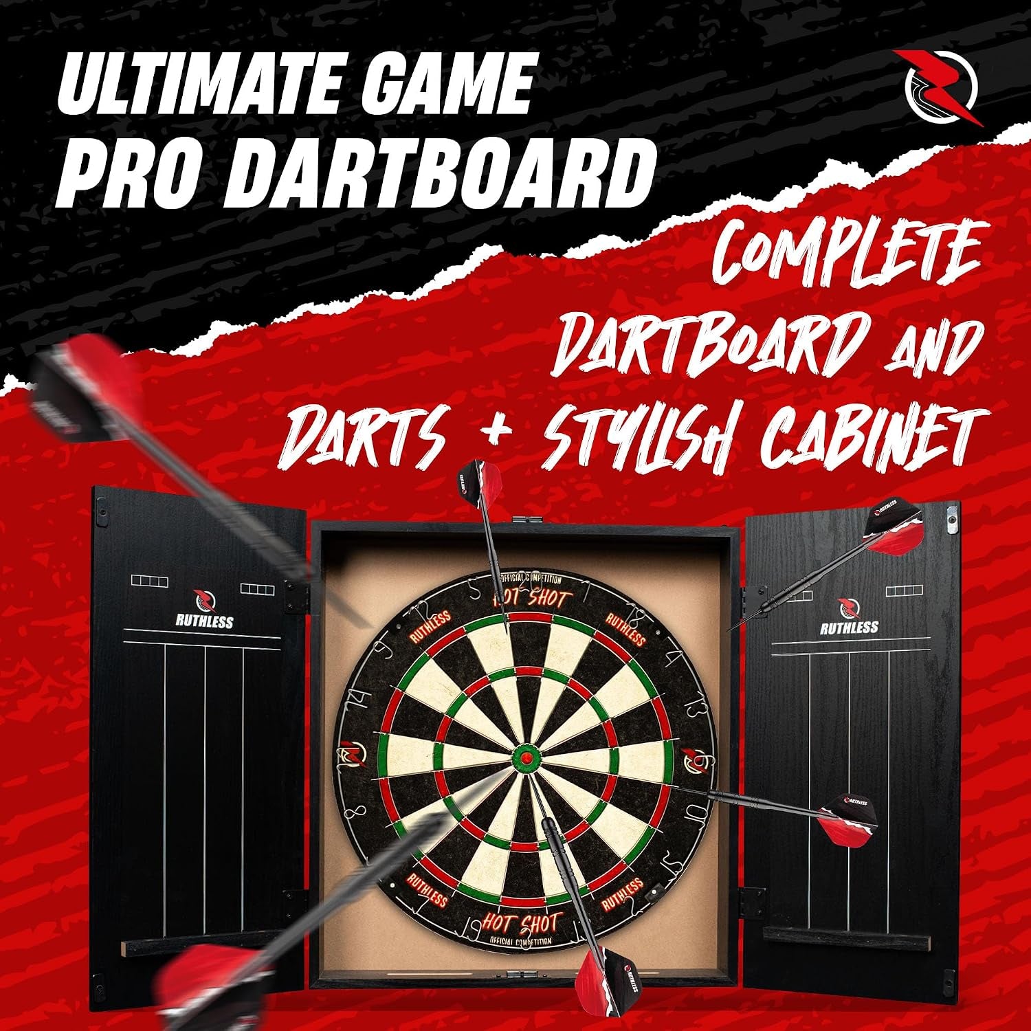 Ultimate Home Darts Centre with LED Lighting Option - Complete Set Including Cabinet, Dartboard, and 2 Sets of Darts
