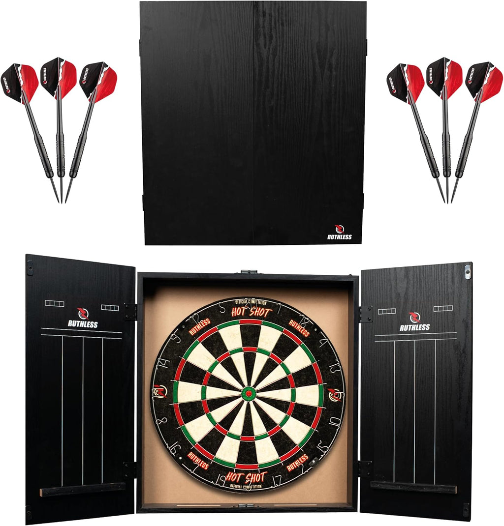 Ultimate Home Darts Centre with LED Lighting Option - Complete Set Including Cabinet, Dartboard, and 2 Sets of Darts