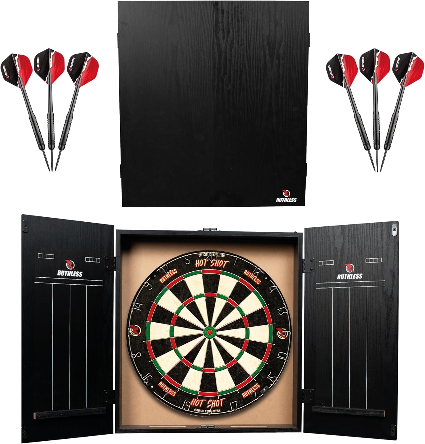 Ultimate Home Darts Centre with LED Lighting Option - Complete Set Including Cabinet, Dartboard, and 2 Sets of Darts
