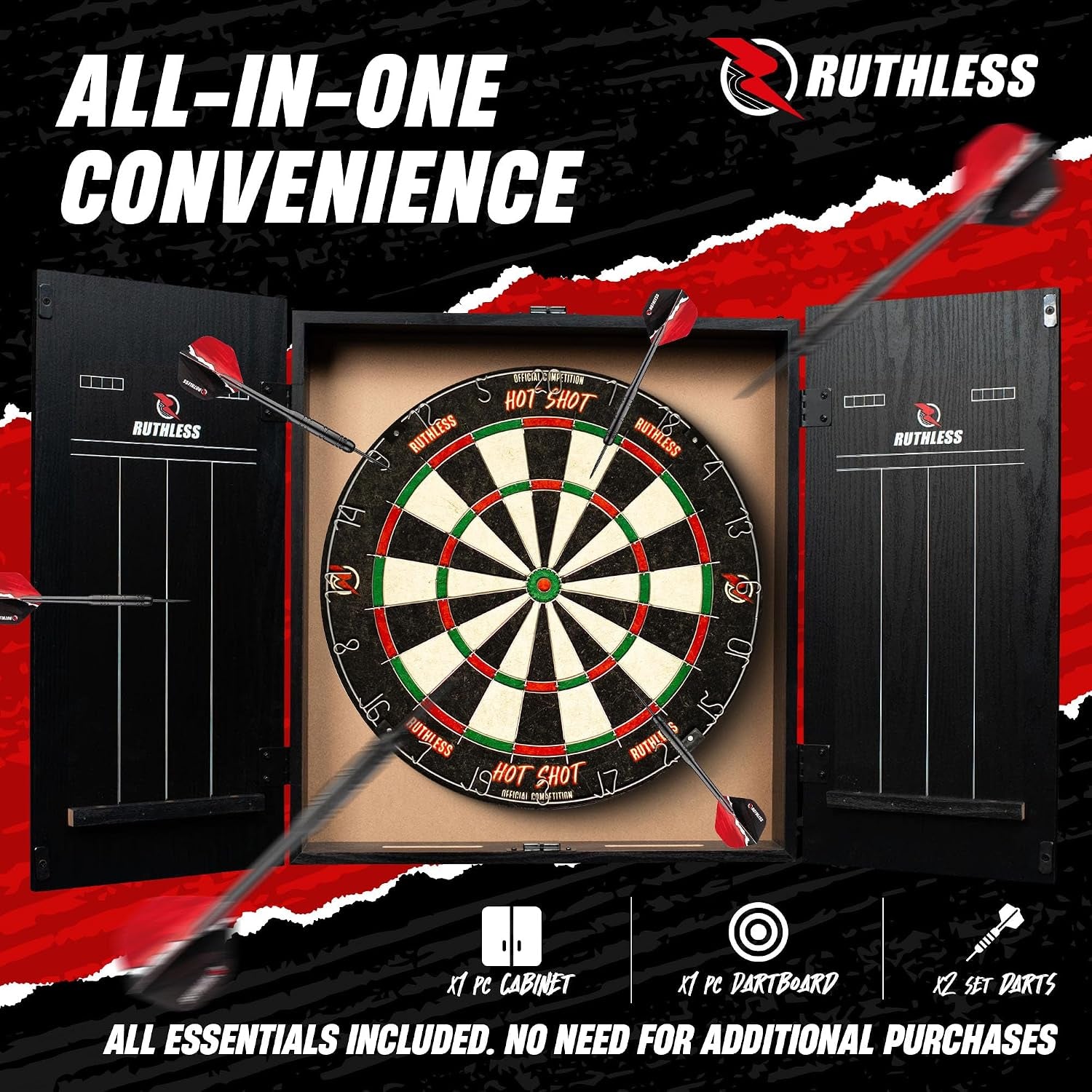 Ultimate Home Darts Centre with LED Lighting Option - Complete Set Including Cabinet, Dartboard, and 2 Sets of Darts